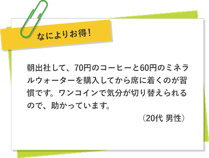 なによりお得！ 〜 朝出社して、50円のコーヒーと50円のミネラルウォーターを購入してから席に着くのが習慣です。ワンコインで気分が切り替えられるので、助かっています。（20代 男性）